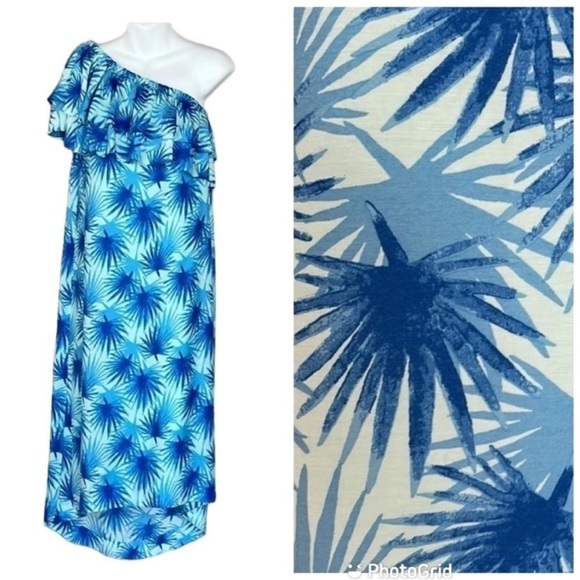 Vineyard Vines Dresses & Skirts - Vineyard Vines Electric Palm One Shoulder Ruffle High Low Dress Aqua NWT